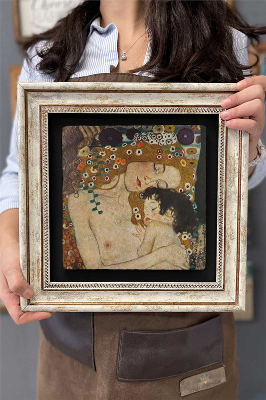 Framed Painting Stone Wall Decor 12" x 12" Gustav Klimt Mother and Baby