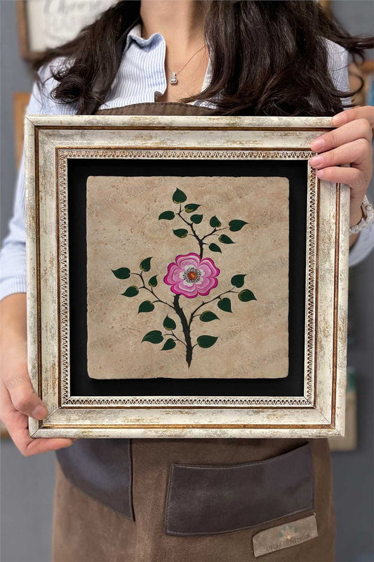 Framed Painting Stone Wall Decoration 12" x 12" Marbled Flower Painting