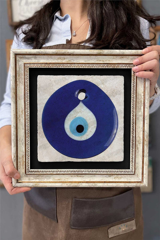 Framed Painting Stone Wall Decor 12" x 12" Evil Eye Bead