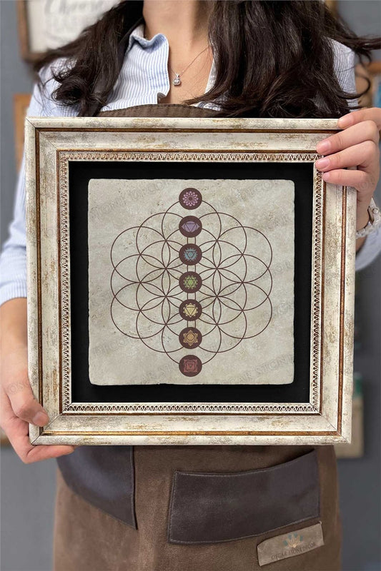Framed Painting Stone Wall Decor 12" x 12" Lotus Sri Yantra Flower of Life