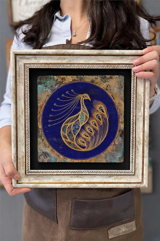 Framed Painting Stone Wall Decor 12" x 12" Peacock Antique Design