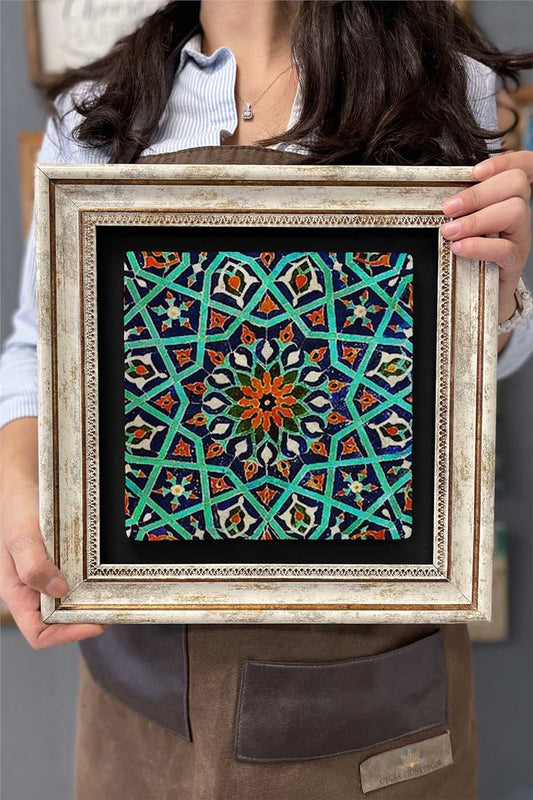 Framed Painting Stone Wall Decor 12" x 12" Antique Tile Patterned Painting