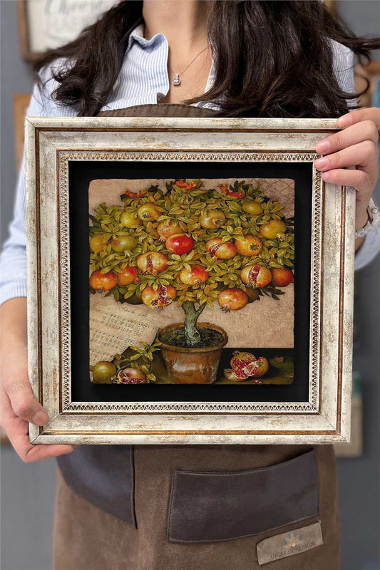 Framed Painting Stone Wall Decor 12" x 12" Pomegranate Tree Abundance Symbol