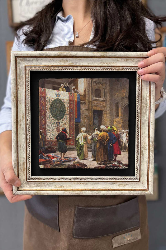 Framed Painting Stone Wall Decor 12" x 12" Osman Hamdi Carpet Seller