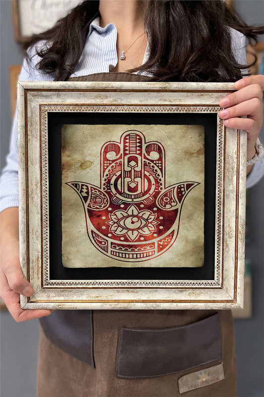 Framed Painting Stone Wall Decoration 12" x 12" Fatma Ana Hand Red