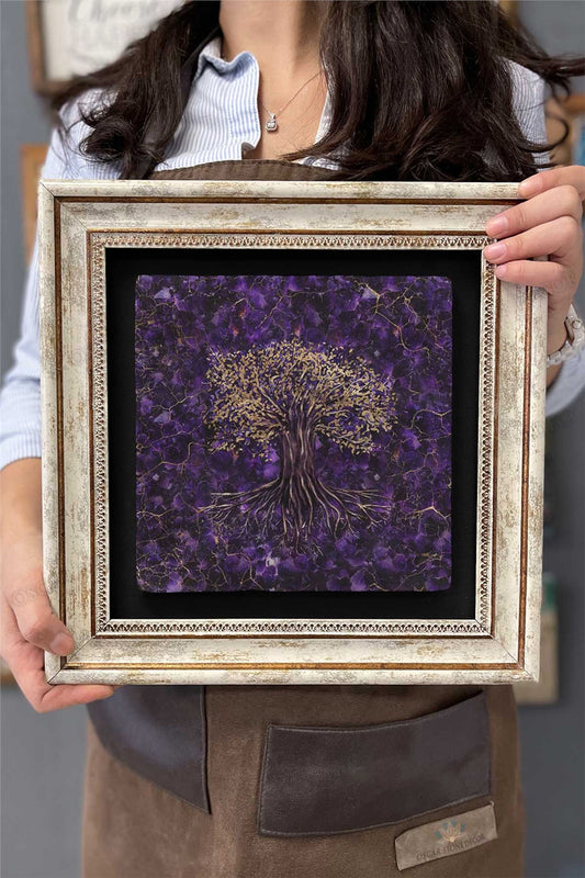 Framed Painting Stone Wall Decor 12" x 12" Purple Tree of Life