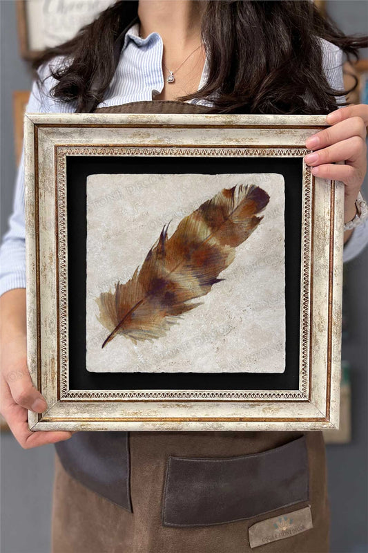 Framed Painting Stone Wall Decor 12" x 12" Bird Feather Painting