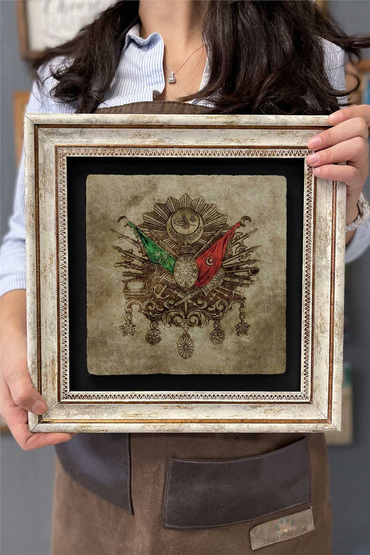 Framed Painting Stone Wall Decor 12" x 12" Ottoman Tughra Antique Drawing
