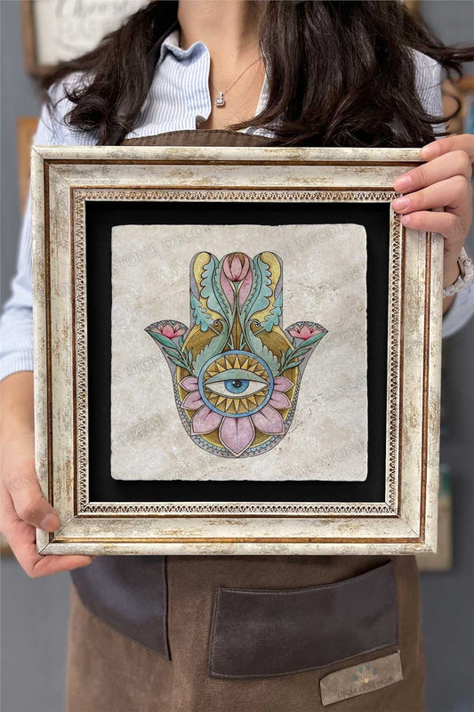 Framed Painting Stone Wall Decoration 12" x 12" Fatma Mother Hand Blessings Evil Eye