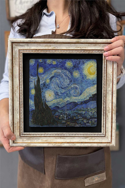 Framed Painting Stone Wall Decor 12" x 12" Van Gogh Starry Night