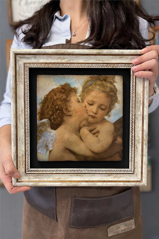 Framed Painting Stone Wall Decor 12" x 12" Baby Angels Painting