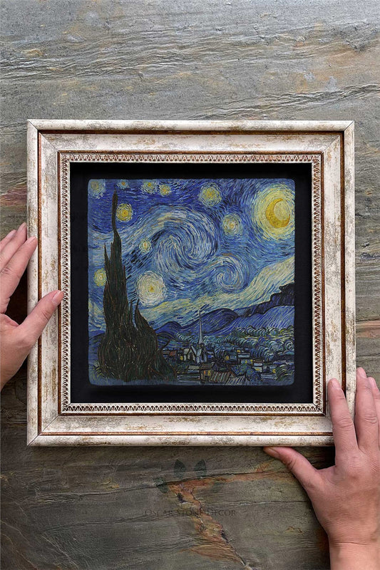 Framed Painting Stone Wall Decor 12" x 12" Van Gogh Starry Night