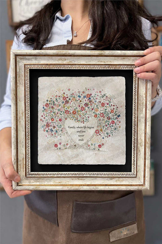 Framed Painting Stone Wall Decor 12" x 12" Butterfly and Flower Tree Heart Shaped