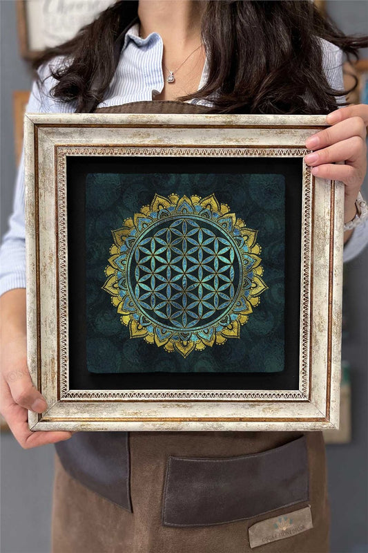 Framed Painting Stone Wall Decor 12" x 12" Flower of Life Special Design