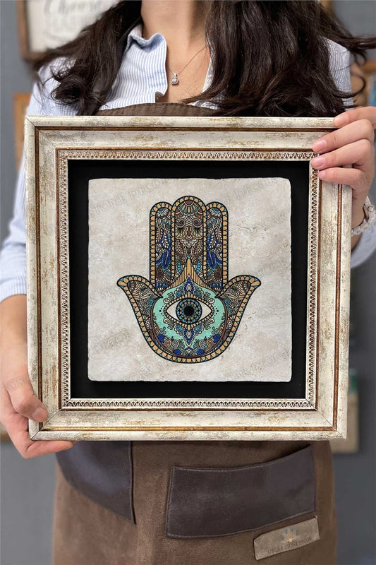 Framed Painting Stone Wall Decor 12" x 12" Fatma Mother Hand Evil Eye Loyalty Drawing