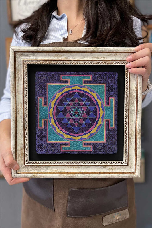Framed Painting Stone Wall Decor 12" x 12" Lotus Sri Yantra Flower of Life