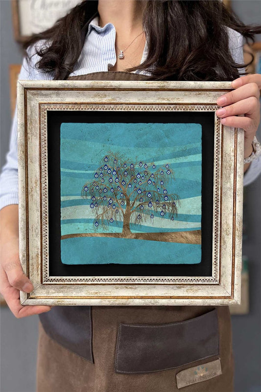 Framed Painting Stone Wall Decor 12" x 12" Evil Eye Bead Tree