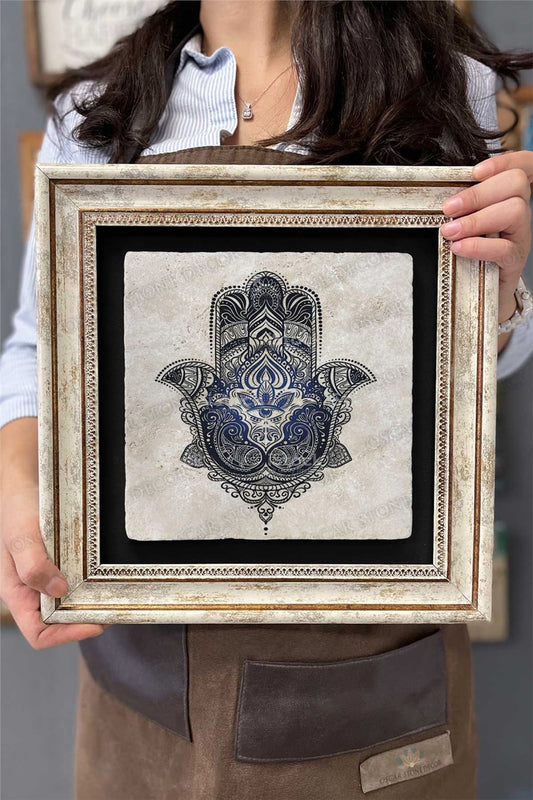 Framed Painting Stone Wall Decor 12" x 12" Fatma Ana Hand Marbling Drawing