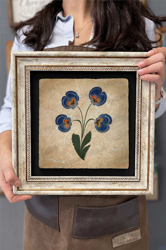 Framed Painting Stone Wall Decor 12" x 12" Ebruli Flower Design Painting