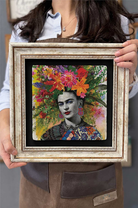Framed Painting Stone Wall Decor 12" x 12" Frida Kahlo Collage Picture