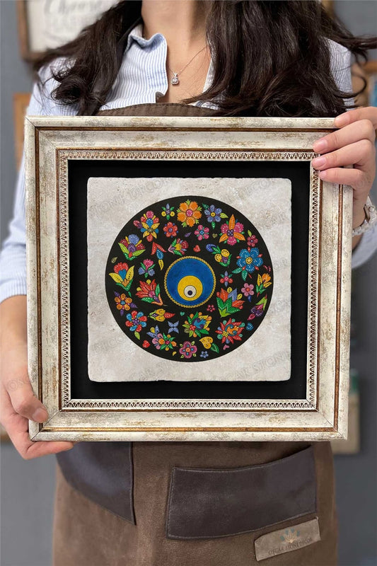 Framed Painting Stone Wall Decoration 12" x 12" Flowered Evil Eye Bead