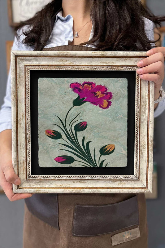 Framed Painting Stone Wall Decoration 12" x 12" Marbled Flower Painting