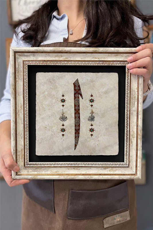 Framed Painting Stone Wall Decor 12" x 12" Letter Elif Calligraphy Drawing