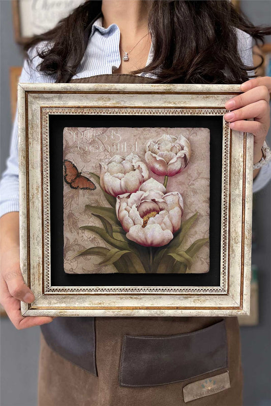 Framed Painting Stone Wall Decor 12" x 12" Butterfly and Flowers