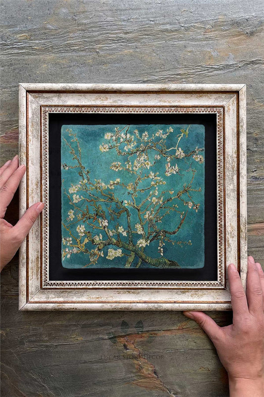 Framed Painting Stone Wall Decor 12" x 12" Van Gogh Almond Flowers
