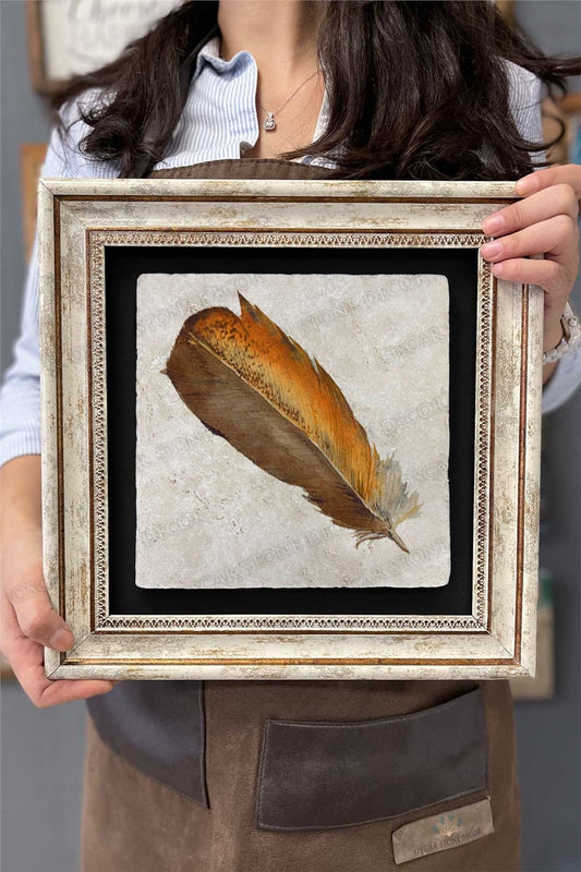 Framed Painting Stone Wall Decor 12" x 12" Bird Feather Painting