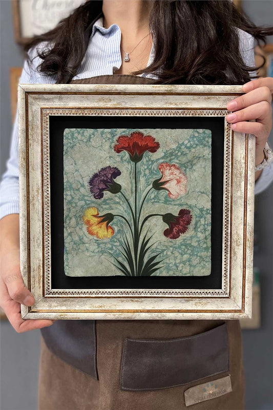 Framed Painting Stone Wall Decor 12" x 12" Marbled Flowers Painting