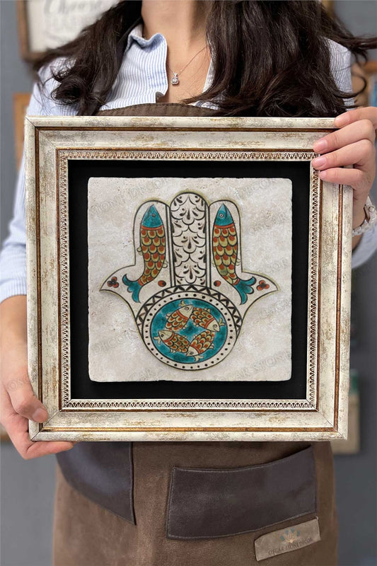 Framed Painting Stone Wall Decoration 12" x 12" Fatma Mother's Hand Fish Pattern