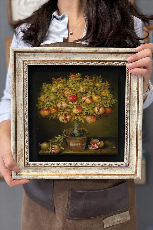 Framed Painting Stone Wall Decor 12" x 12" Pomegranate Tree in Pot