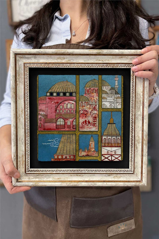 Framed Painting Stone Wall Decor 12" x 12" Old Mosque Drawing