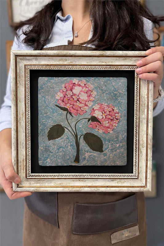 Framed Painting Stone Wall Decor 12" x 12" Marbled Flowers Painting