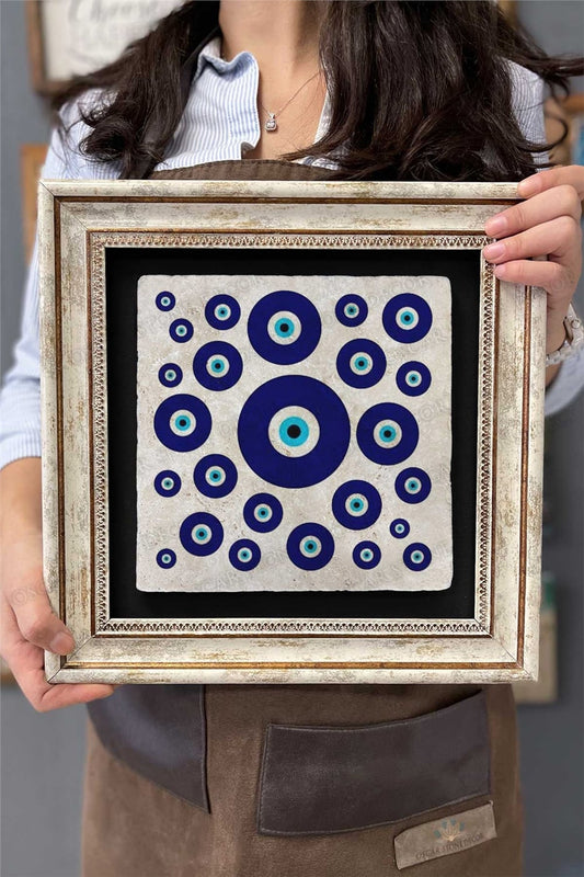 Framed Painting Stone Wall Decor 12" x 12" Evil Eye Beads Painting