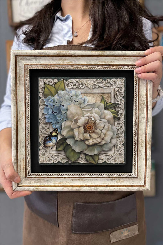 Framed Painting Stone Wall Decor 12" x 12" Butterfly and Flowers