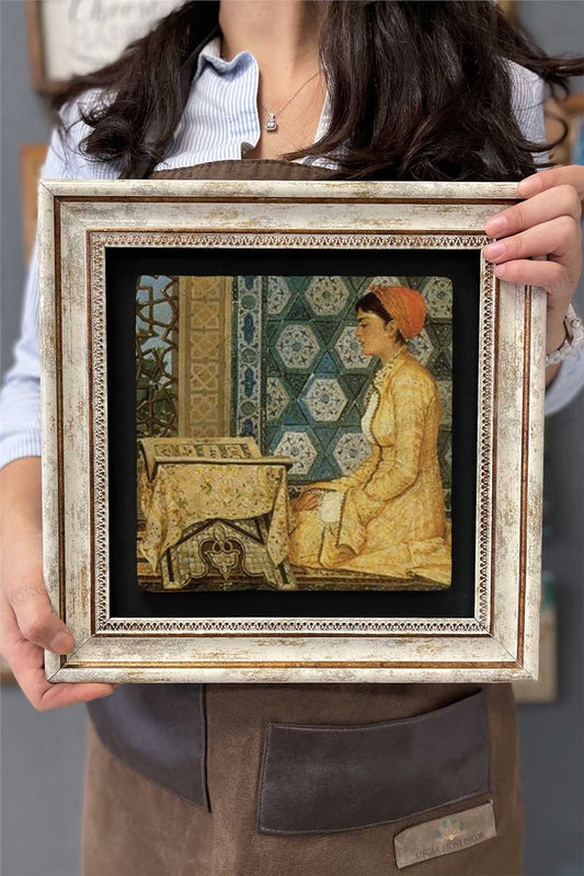 Framed Painting Stone Wall Decor 12" x 12" Osman Hamdi Girl Reading the Quran