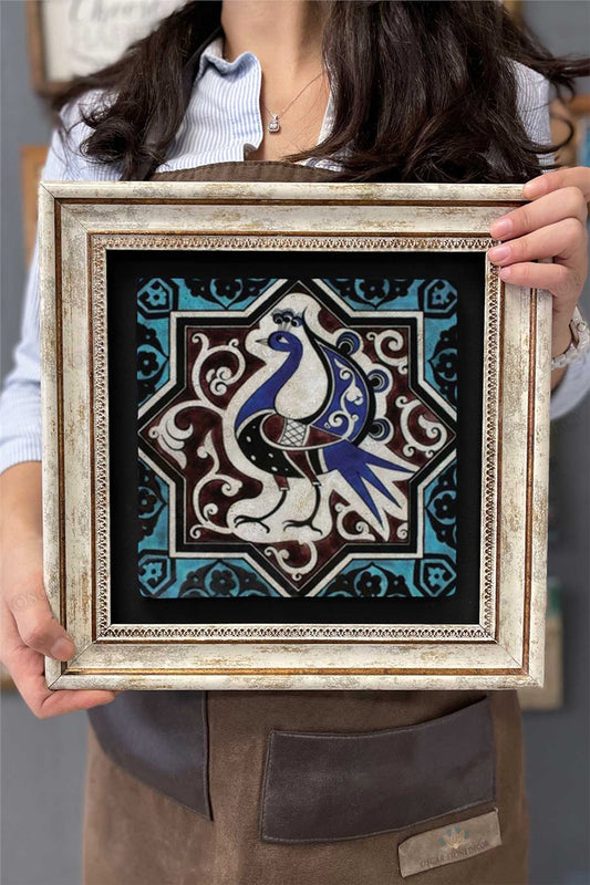 Framed Painting Stone Wall Decor 12" x 12" Peacock Tile Ceramic