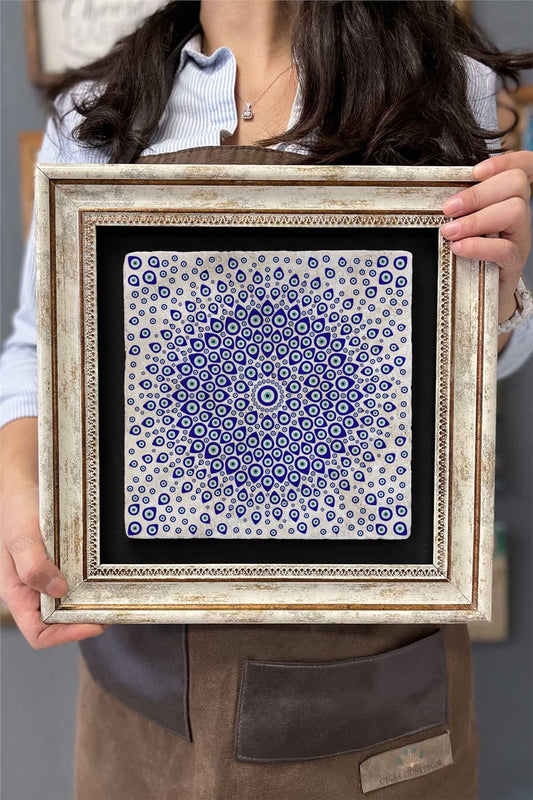 Framed Painting Stone Wall Decor 12" x 12" Evil Eye Beads