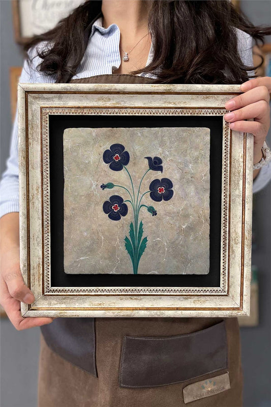 Framed Painting Stone Wall Decor 12" x 12" Ebruli Flower Design Painting