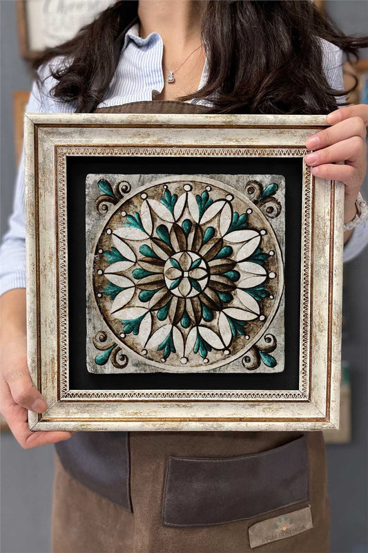 Framed Table Stone Wall Decor 12" x 12" Antique Patterned Design Marble