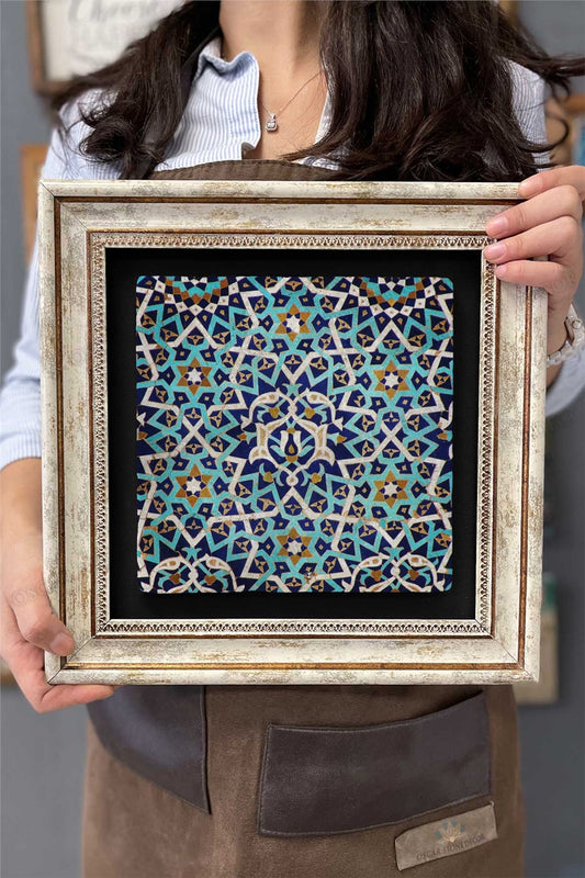 Framed Painting Stone Wall Decor 12" x 12" Antique Tile Patterned Painting