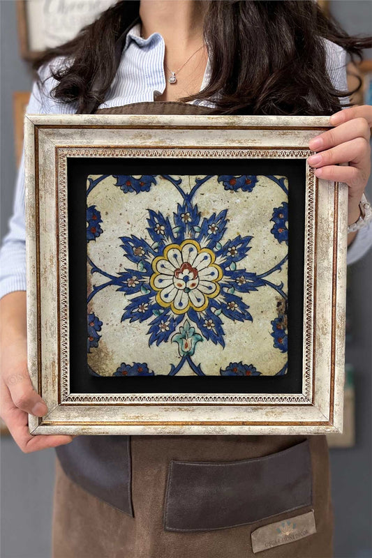 Framed Painting Stone Wall Decor 12" x 12" Antique Tile Ceramic Painting