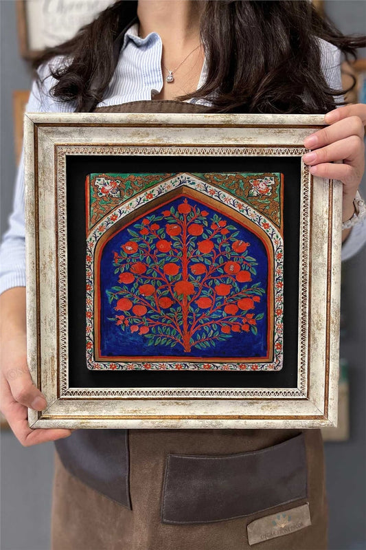 Framed Painting Stone Wall Decor 12" x 12" Pomegranate Tree Abundance Symbol