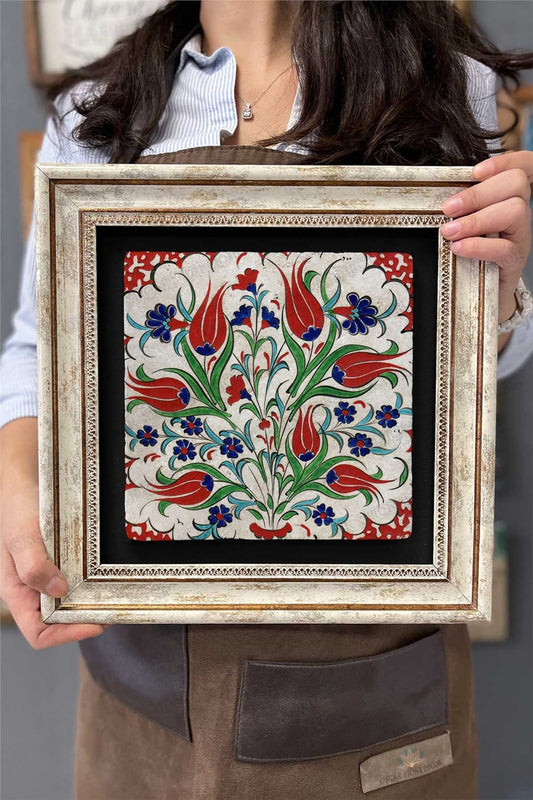 Framed Painting Stone Wall Decor 12" x 12" With Ceramic Tile Design