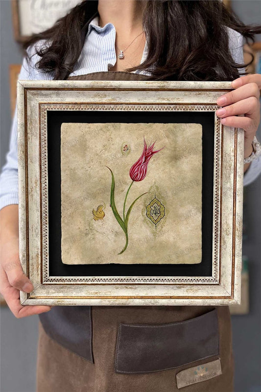 Framed Painting Stone Wall Decor 12" x 12" Ebruli Flower Design Painting