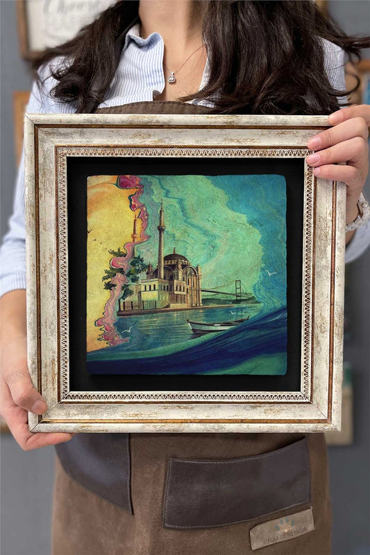Framed Painting Stone Wall Decor 12" x 12" Ortaköy Mosque Drawing