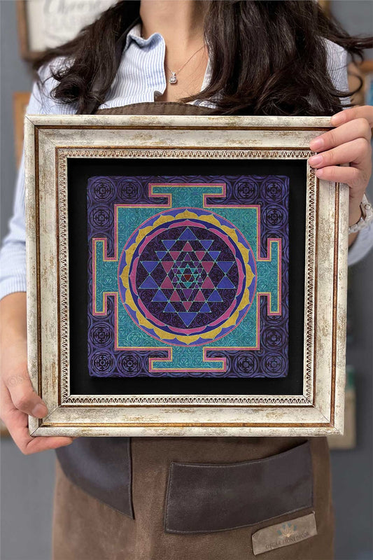 Framed Painting Stone Wall Decor 12" x 12" Sri Yantra Painting