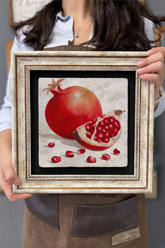 Framed Painting Stone Wall Decoration 12" x 12" Special Painting with Pomegranate Drawing